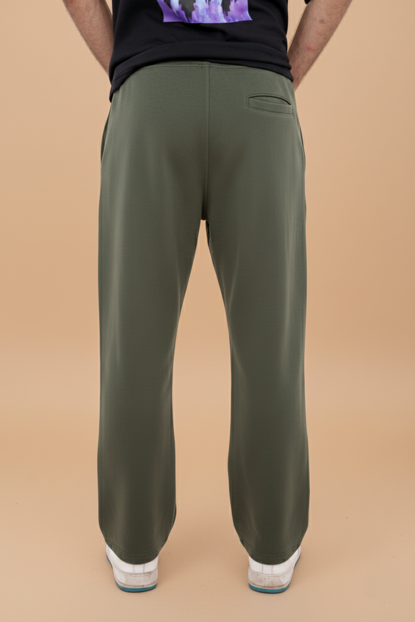 OLIVE GREEN WAFFLE KNIT RELAXED-FIT TROUSERS