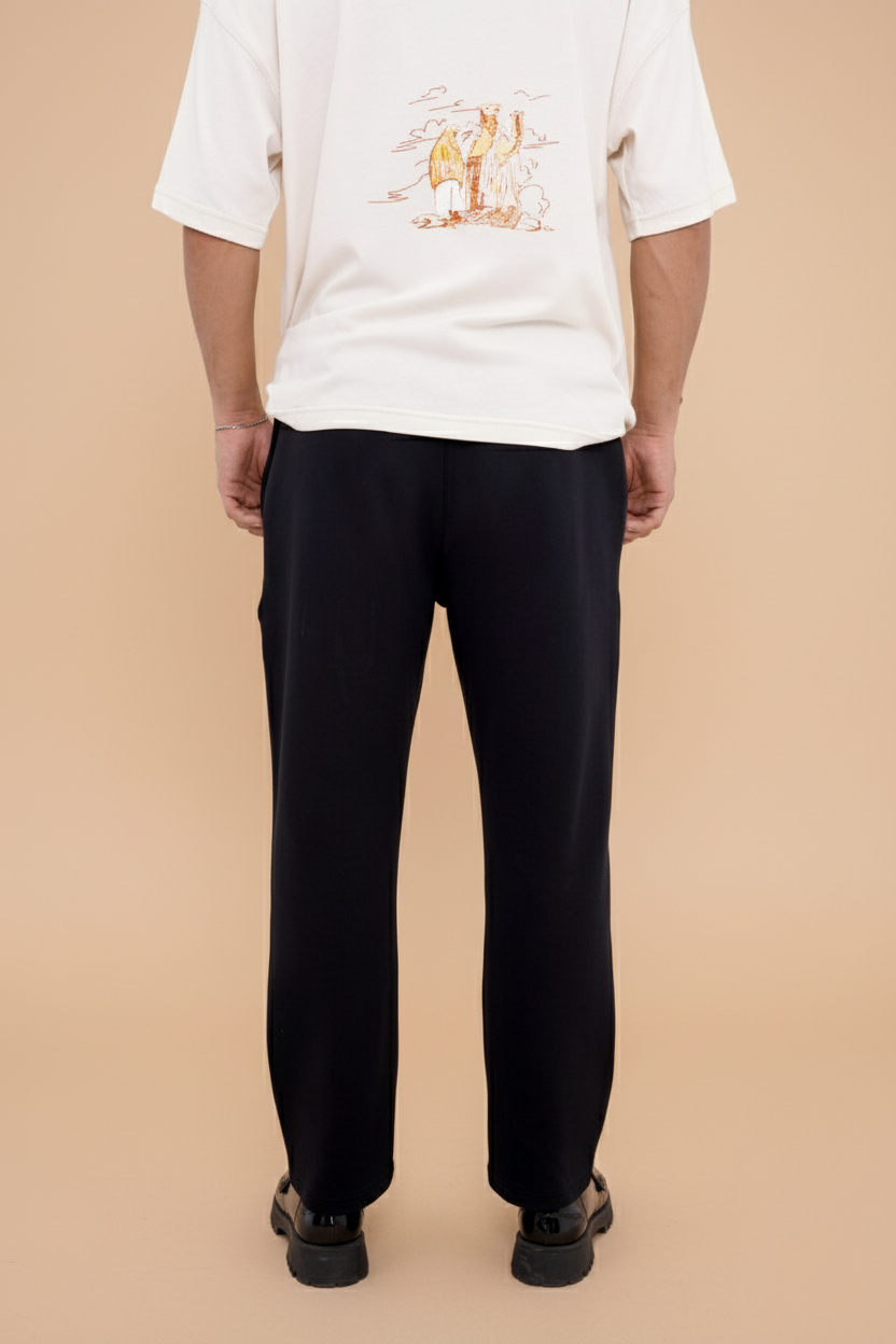 BLACK WAFFLE KNIT RELAXED-FIT TROUSERS
